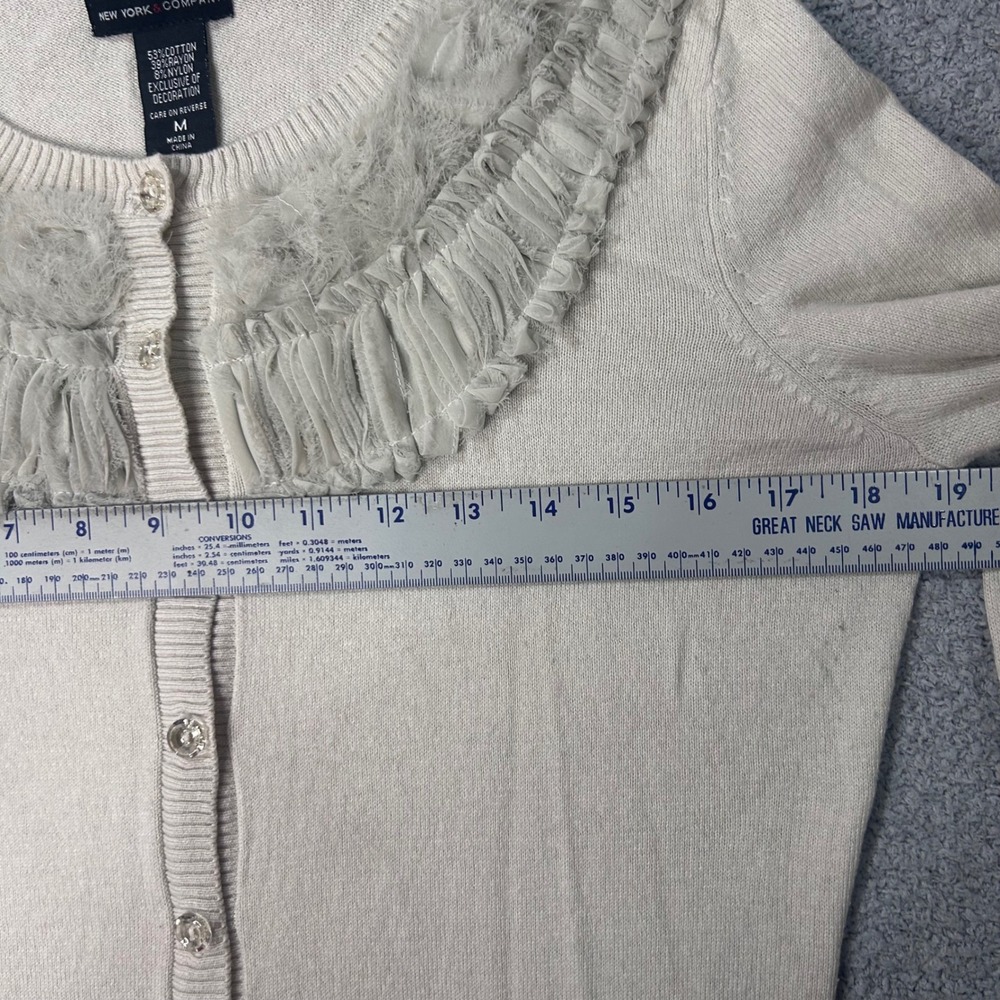 New York & Company Y2K Cardigan Ruffle Trim‎ M Cream Coquette Balletcore Whimsy - Picture 4 of 5